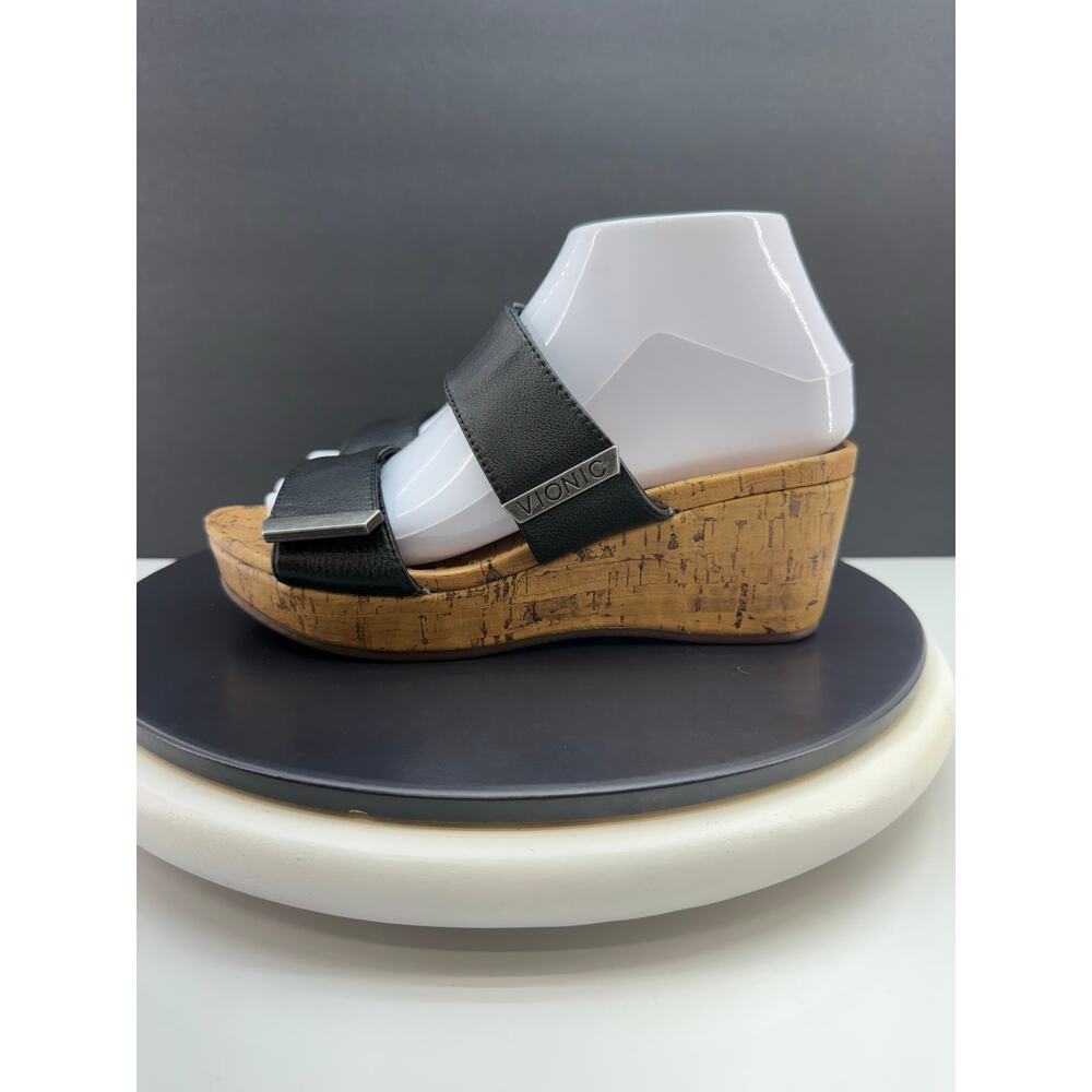 VIONIC Pepper Womens Sz 6‎ Black Leather Open Toe Platform Slip On Wedge Sandals